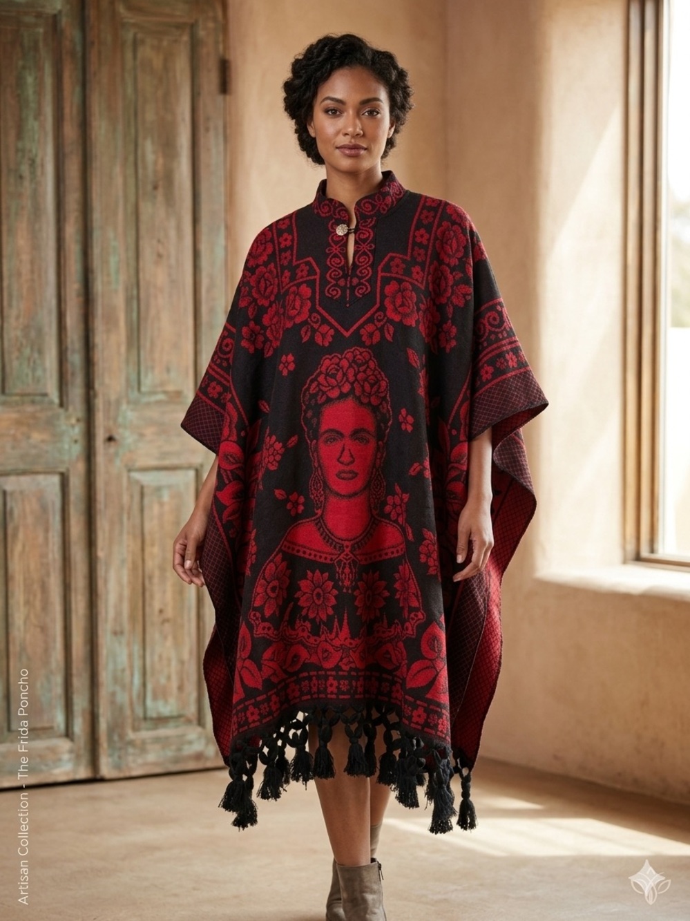 Hand Crafted Red and Black Frida Poncho Sweater